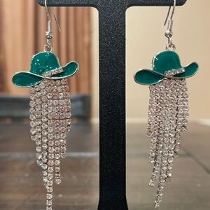 Silver and Green Cowboy Hat Dangle Earrings